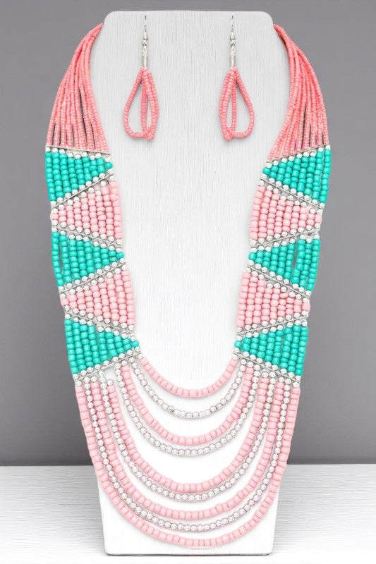 Seed Beads Mix Color Layer Necklace & Earrings Set | Boho Statement Jewelry - NeoKira Unlimited