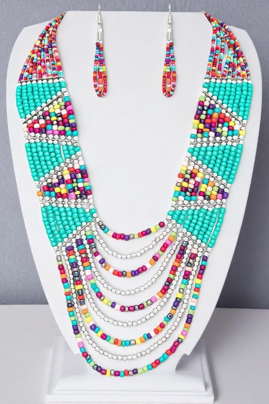 Seed Beads Mix Color Layer Necklace & Earrings Set | Boho Statement Jewelry - NeoKira Unlimited