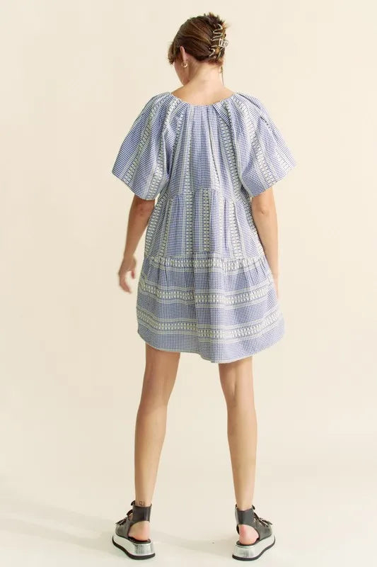 Davi & Dani Embroidered Stripe Ruffled Gingham Mini Dress - NeoKira Unlimited