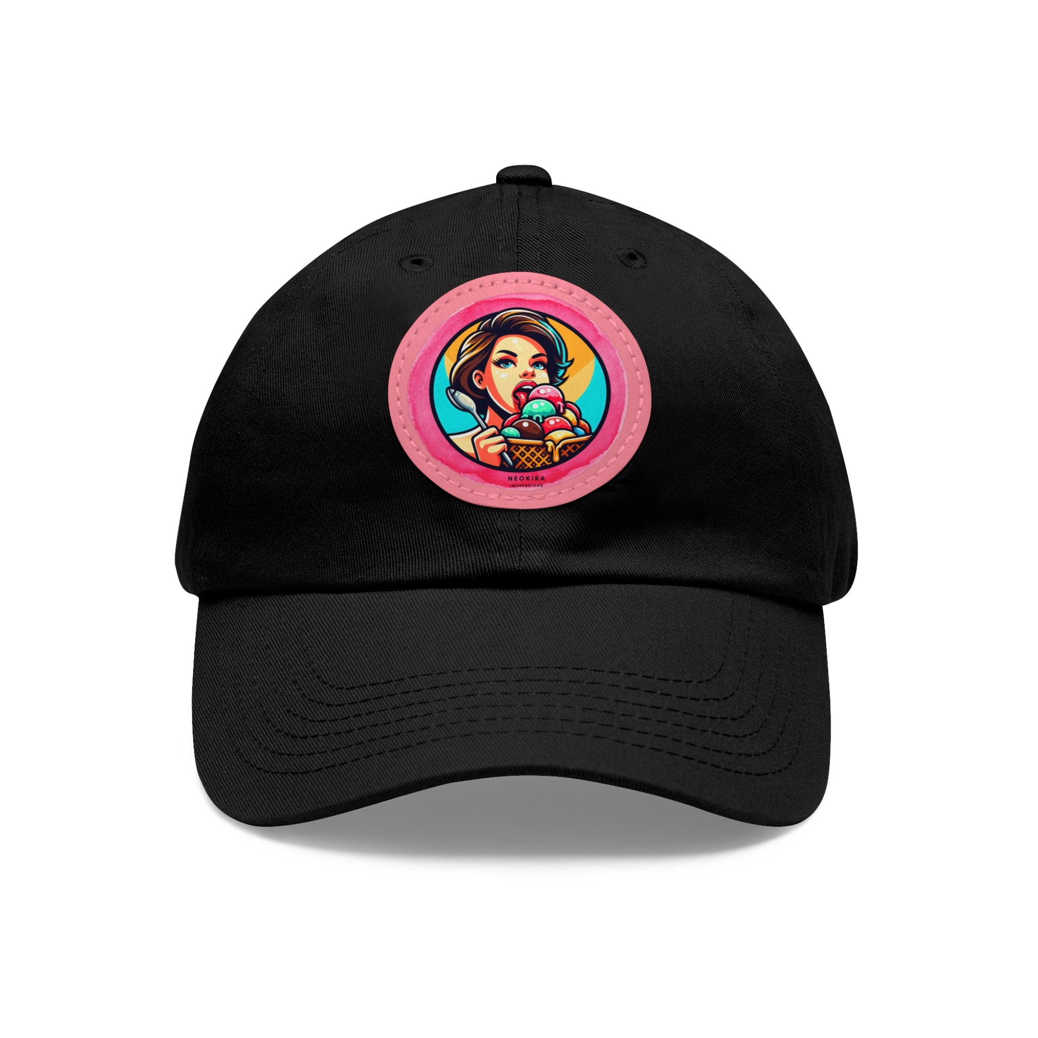 ICE CREAM Dad Hat with Leather Patch (Round) Caps Printify Black / Pink patch Circle One size