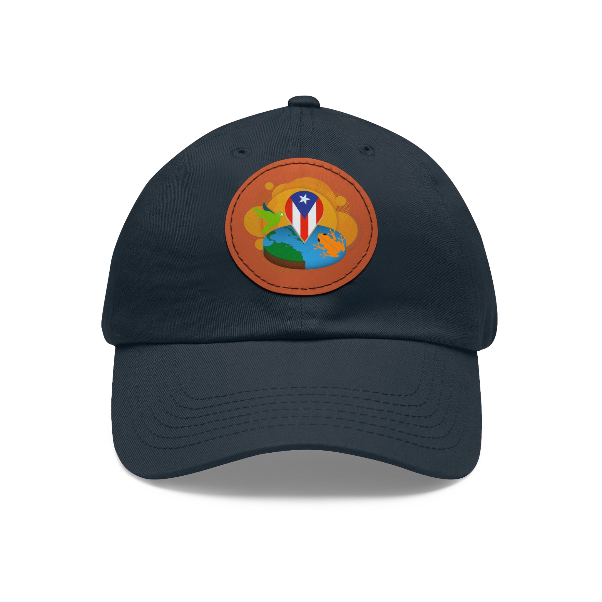 SOY DE AQUI Dad Hat with Leather Patch (Round) Caps Printify Navy / Light Brown patch Circle One size