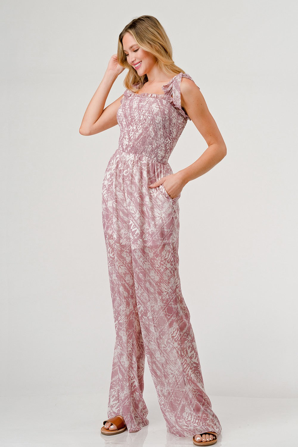 GeeGee Printed Tie Shoulder Wide Leg Jumpsuit Jumpsuits Trendsi   