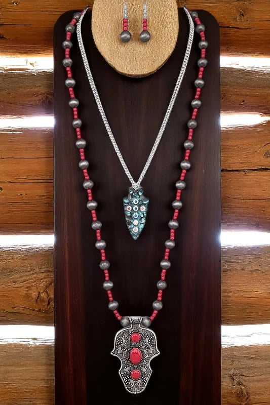 Boho Western Layered Necklace Set Navajo Beads & Arrowhead Pendant - NeoKira Unlimited