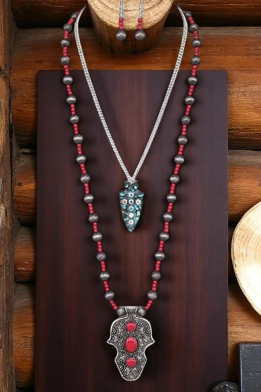 Boho Western Layered Necklace Set Navajo Beads & Arrowhead Pendant - NeoKira Unlimited