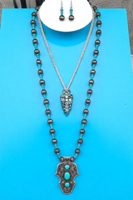Boho Western Layered Necklace Set Navajo Beads & Arrowhead Pendant - NeoKira Unlimited