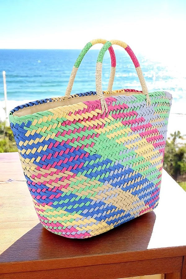 Color Weaved Faux Straw Tote – Large Boho Basket Beach Market Bag - NeoKira Unlimited