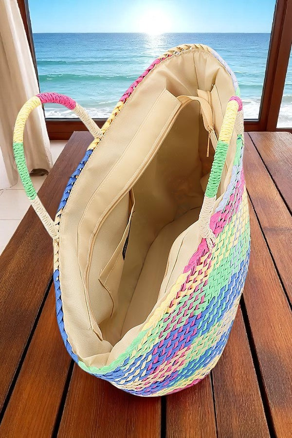 Color Weaved Faux Straw Tote – Large Boho Basket Beach Market Bag - NeoKira Unlimited