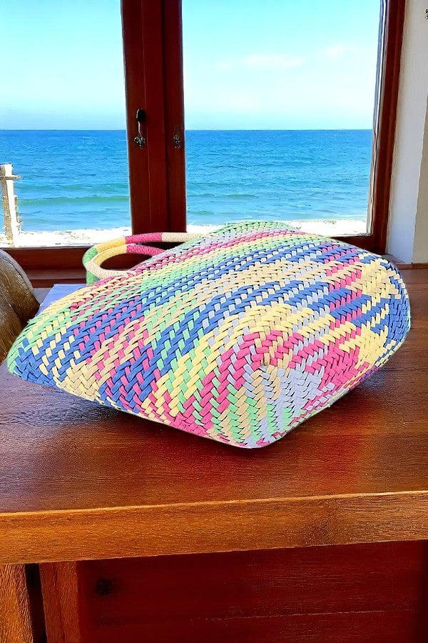 Color Weaved Faux Straw Tote – Large Boho Basket Beach Market Bag - NeoKira Unlimited