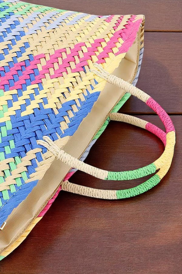 Color Weaved Faux Straw Tote – Large Boho Basket Beach Market Bag - NeoKira Unlimited