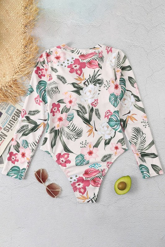 Pink Floral Zip Long Sleeve UPF50 Rash Guard Swimsuit - NeoKira Unlimited