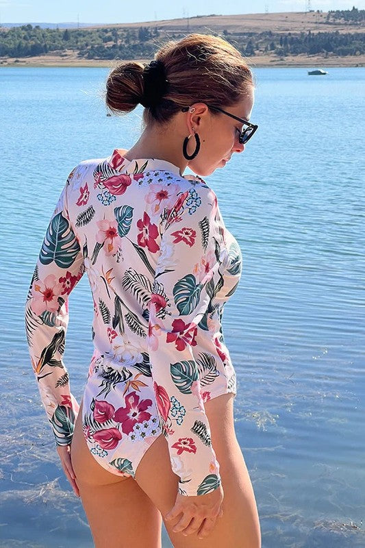Pink Floral Zip Long Sleeve UPF50 Rash Guard Swimsuit - NeoKira Unlimited