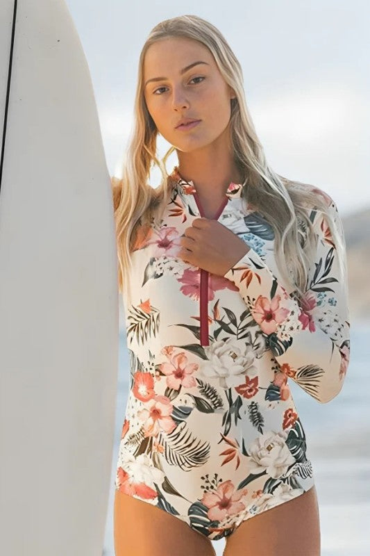 Pink Floral Zip Long Sleeve UPF50 Rash Guard Swimsuit - NeoKira Unlimited