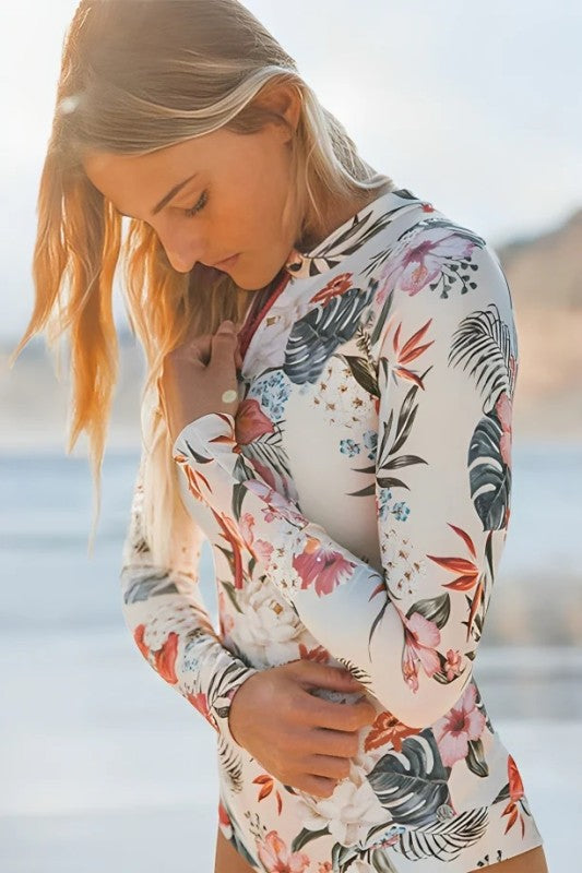 Pink Floral Zip Long Sleeve UPF50 Rash Guard Swimsuit - NeoKira Unlimited