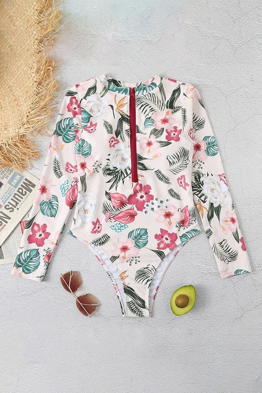 Pink Floral Zip Long Sleeve UPF50 Rash Guard Swimsuit - NeoKira Unlimited