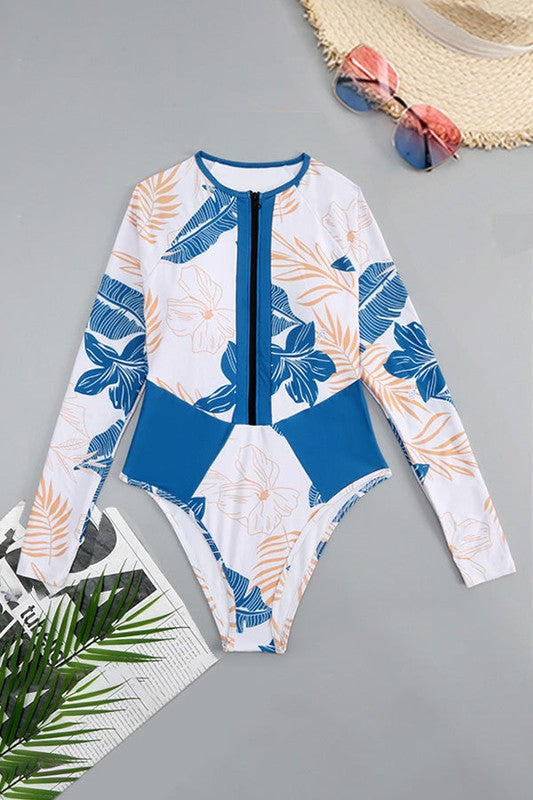 Sporty Zip Front Tropical One-Piece – Sun Protection & Style Swimsuit - NeoKira Unlimited