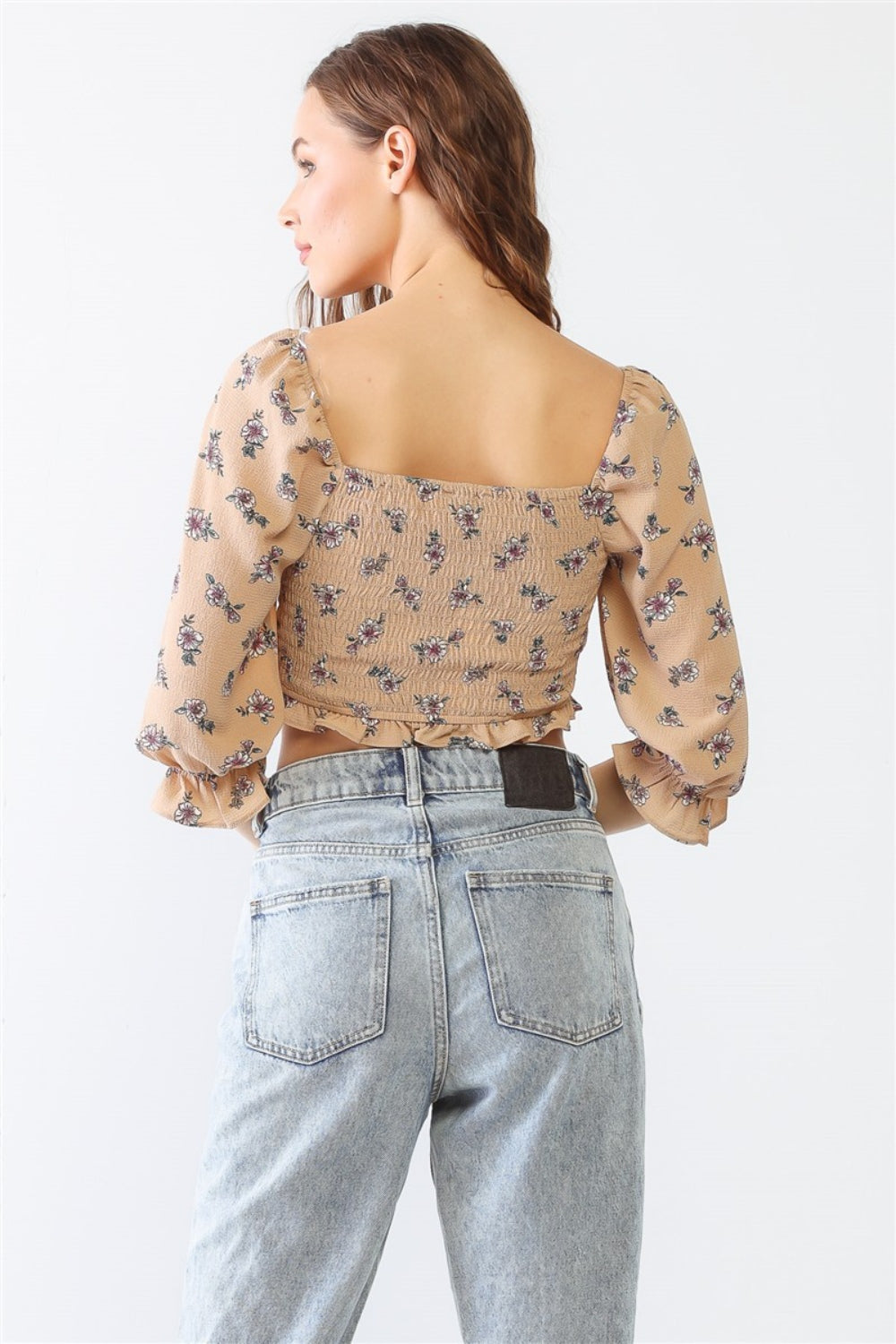 Tasha Apparel Floral Ruffle Smocked Back Ruched Crop Top Top Trendsi   