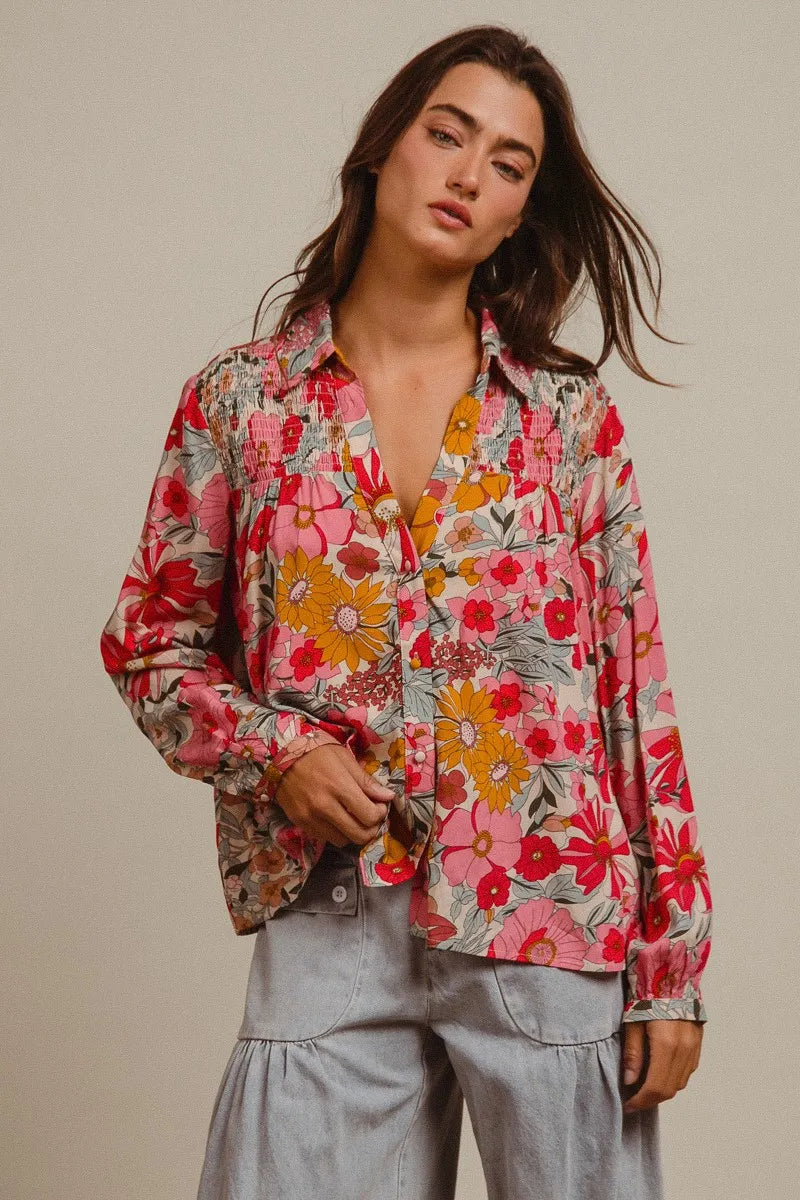 BiBi Tropical Floral Button-Up Blouse Vibrant Long Sleeve Relaxed Fit Top - NeoKira Unlimited