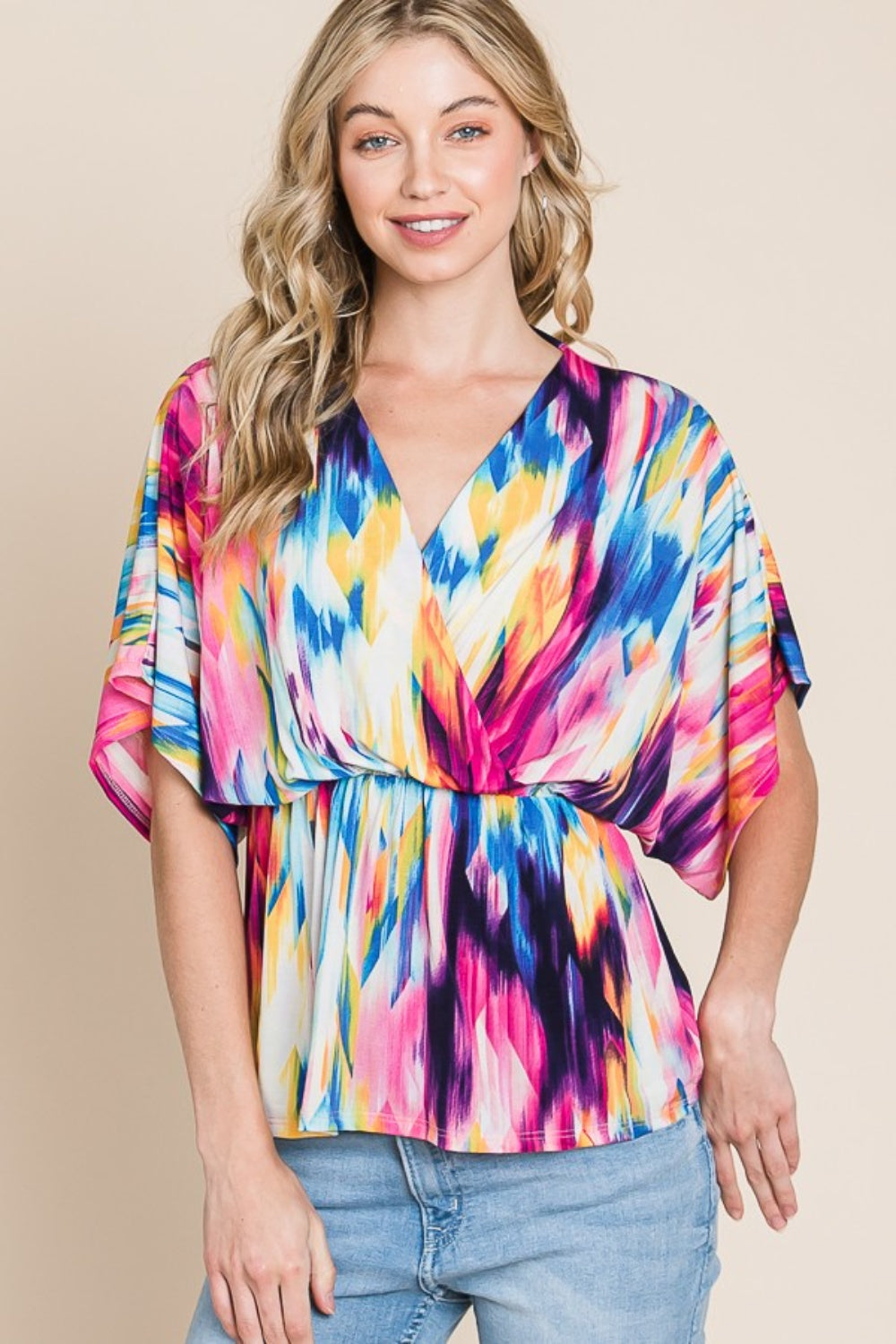 BOMBOM Printed Surplice Peplum Blouse Blouse Trendsi Multicolor S 