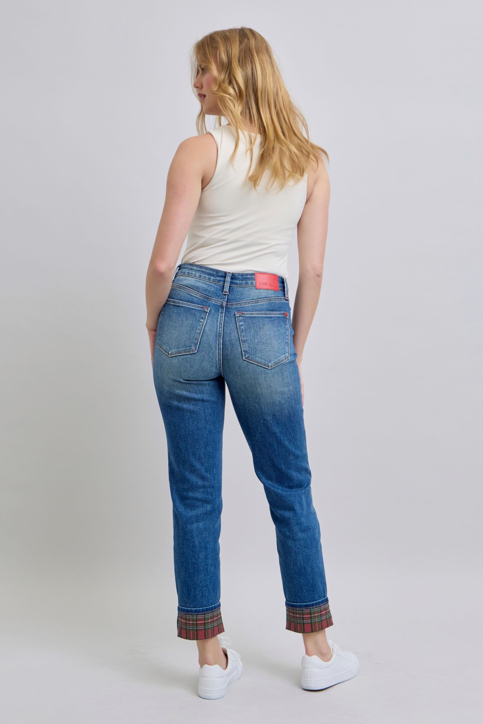 Judy Blue Full Size Plaid Print Cuff Straight Leg Jeans with Pockets - NeoKira Unlimited