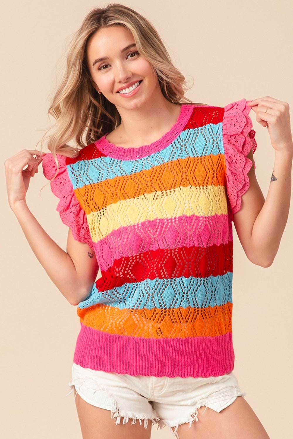 BiBi Pointelle Striped Ruffled Knit Top - NeoKira Unlimited