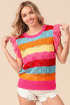 BiBi Pointelle Striped Ruffled Knit Top Top Trendsi Fuchsia Combo S 