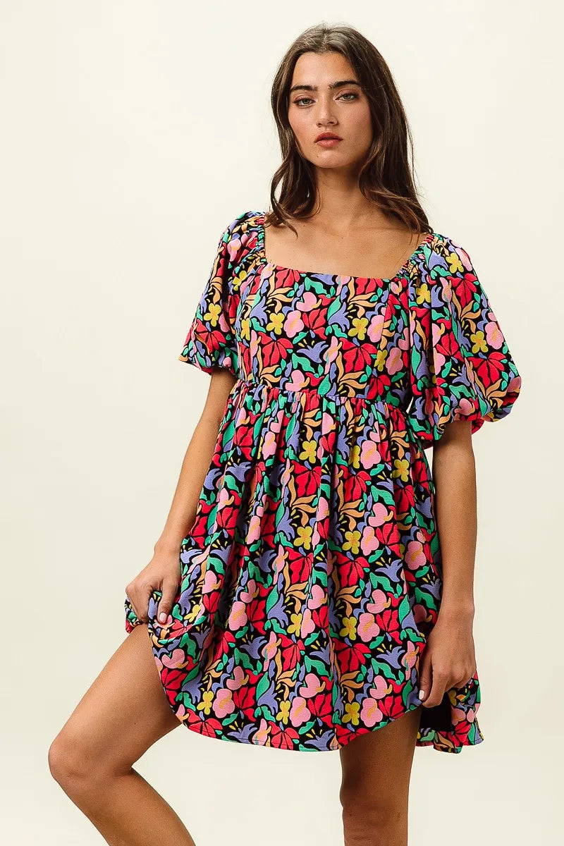 BiBi Tropical Boho Floral Print Puff Sleeve Square Neck Dress - NeoKira Unlimited