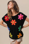 BiBi Flower Round Neck Cap Sleeve Knit Top Top Trendsi   