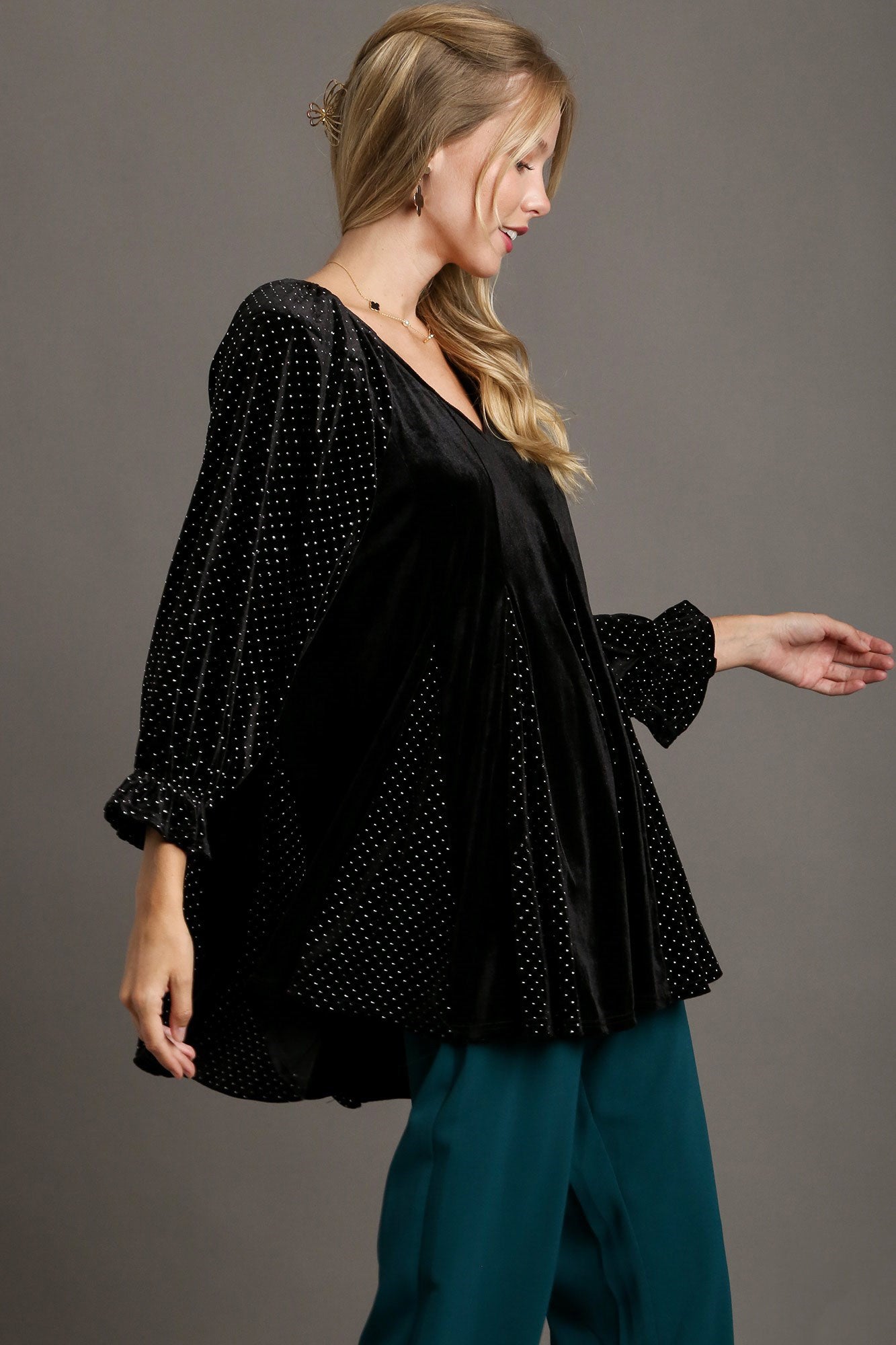 Umgee Godet Hem Polka Dot V-Neck Blouse - NeoKira Unlimited