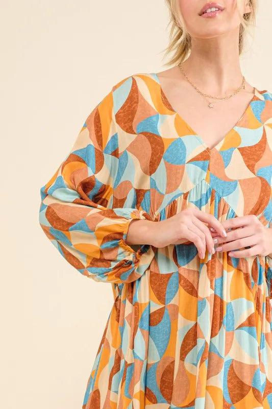 And The Why Printed Open Back Puff Sleeve Casual Dress Vibrant Flirty - NeoKira Unlimited