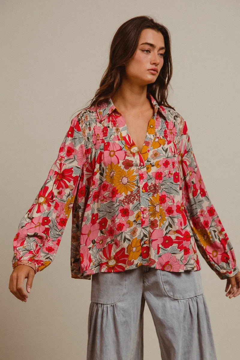 BiBi Tropical Floral Button-Up Blouse Vibrant Long Sleeve Relaxed Fit Top - NeoKira Unlimited