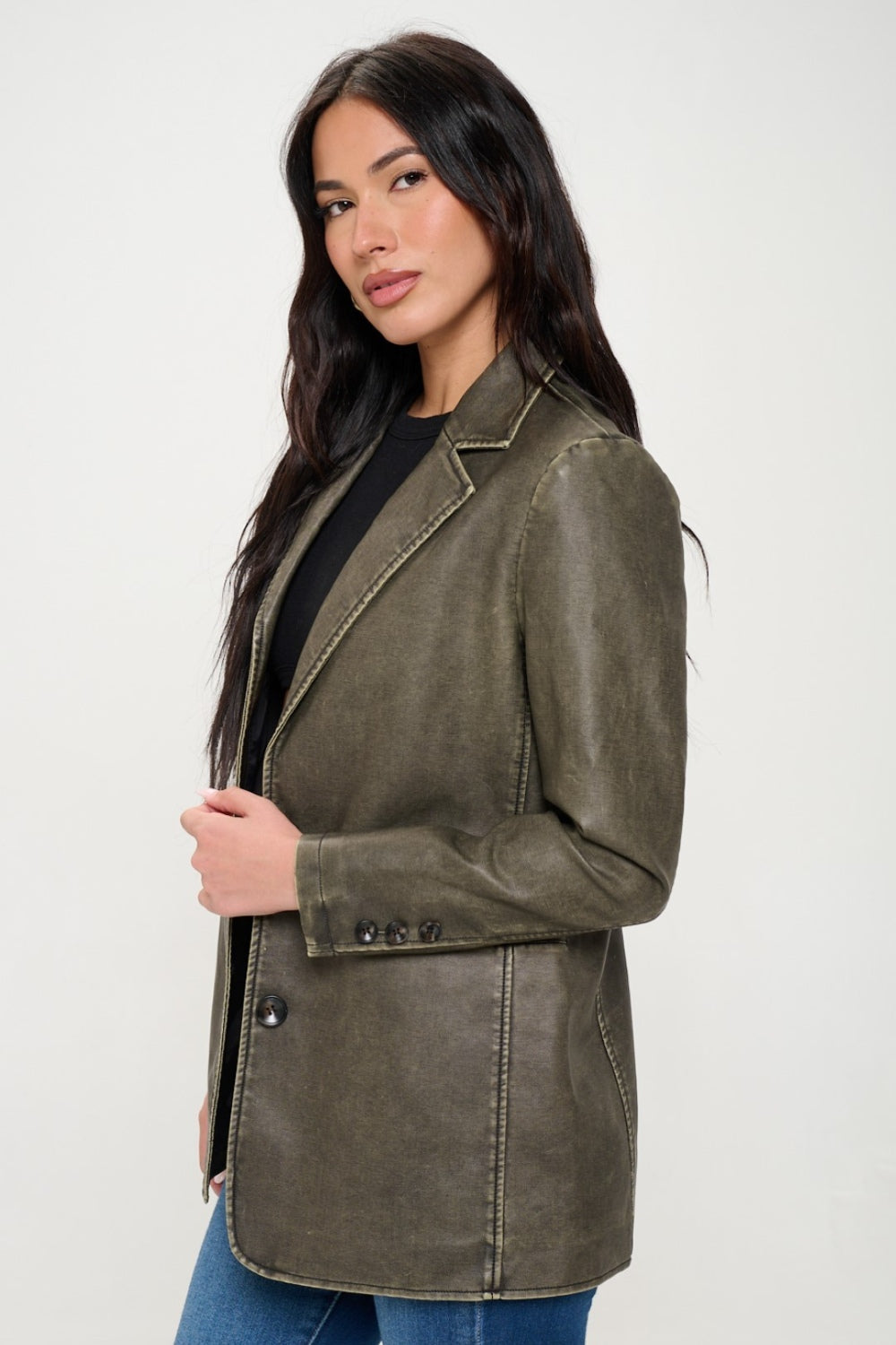 Coalition LA Single-Breasted Vegan Leather Blazer Blazer Trendsi   