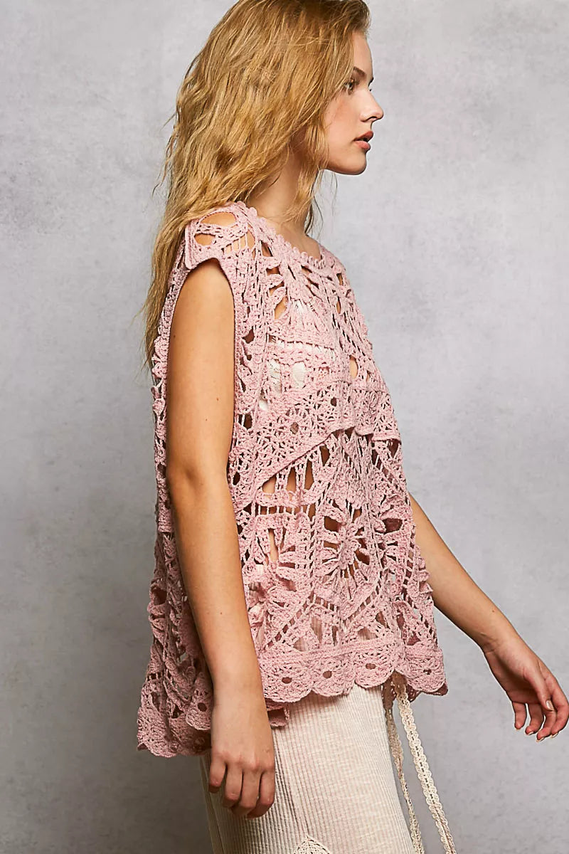 POL Openwork Floral Crochet Round Neck Tank Boho Chic - NeoKira Unlimited