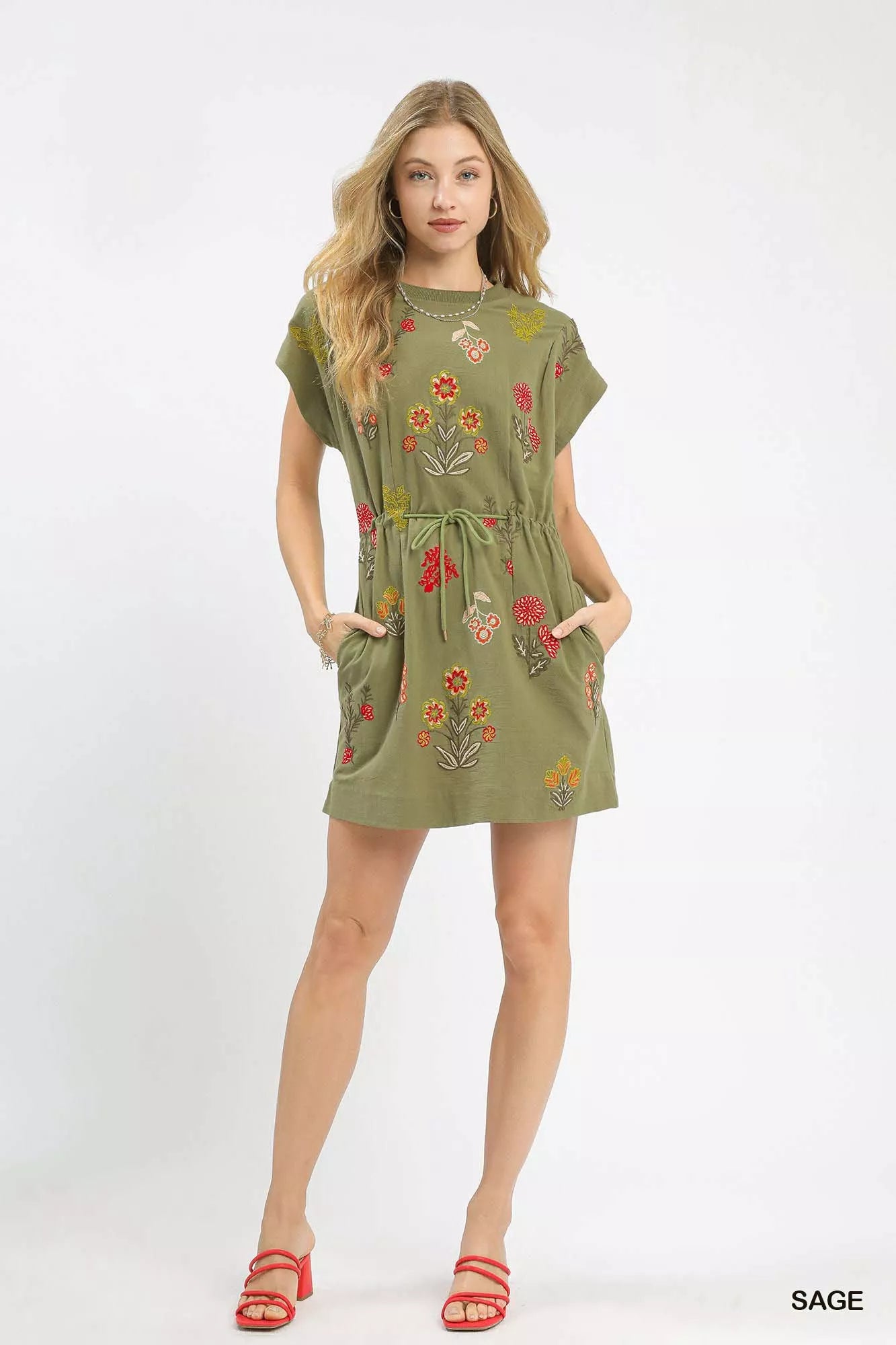 Umgee Embroidered Floral Mini Dress with Waist Tie - NeoKira Unlimited