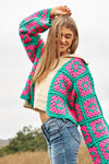 Two-Tone Floral Square Crochet Open Knit Cardigan  Davi & Dani PINK GREEN S 