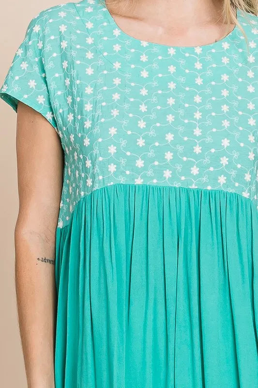 Lime 'N' Chili Full Size Embroidered Short Sleeve Pleated Babydoll Top Plus Size - NeoKira Unlimited