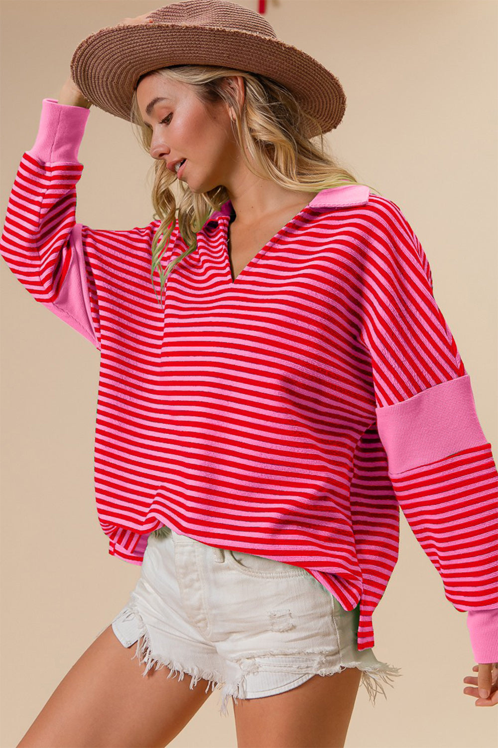 BiBi Striped Contrast Long Sleeve Knit Top Top Trendsi Pink S 