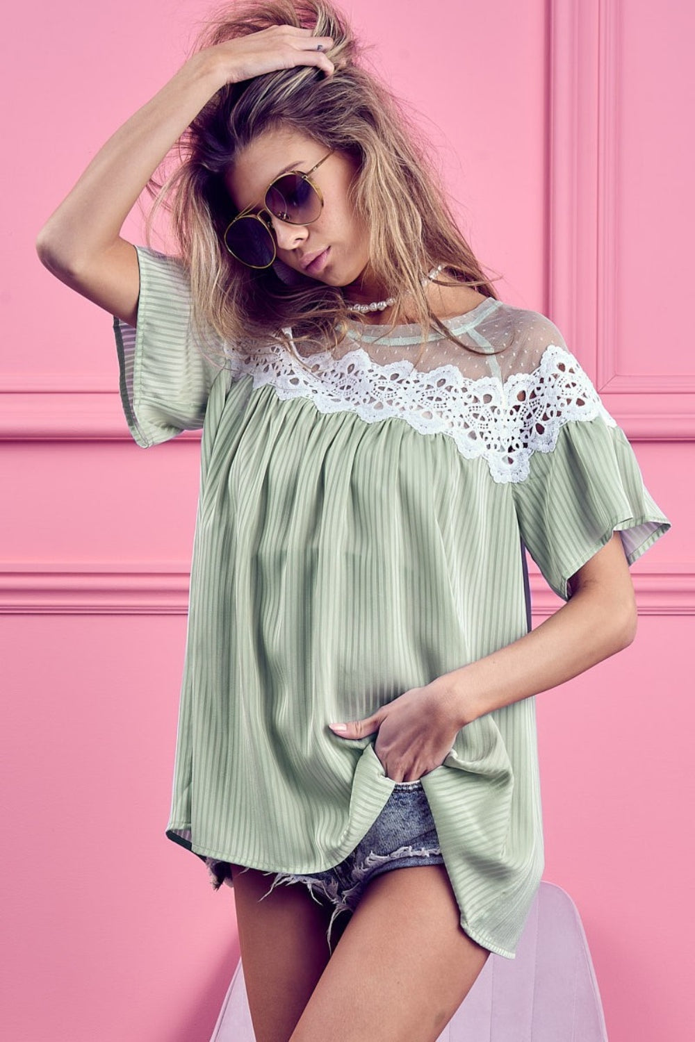 BiBi Lace Detail Short Sleeve Striped Blouse Blouse Trendsi   