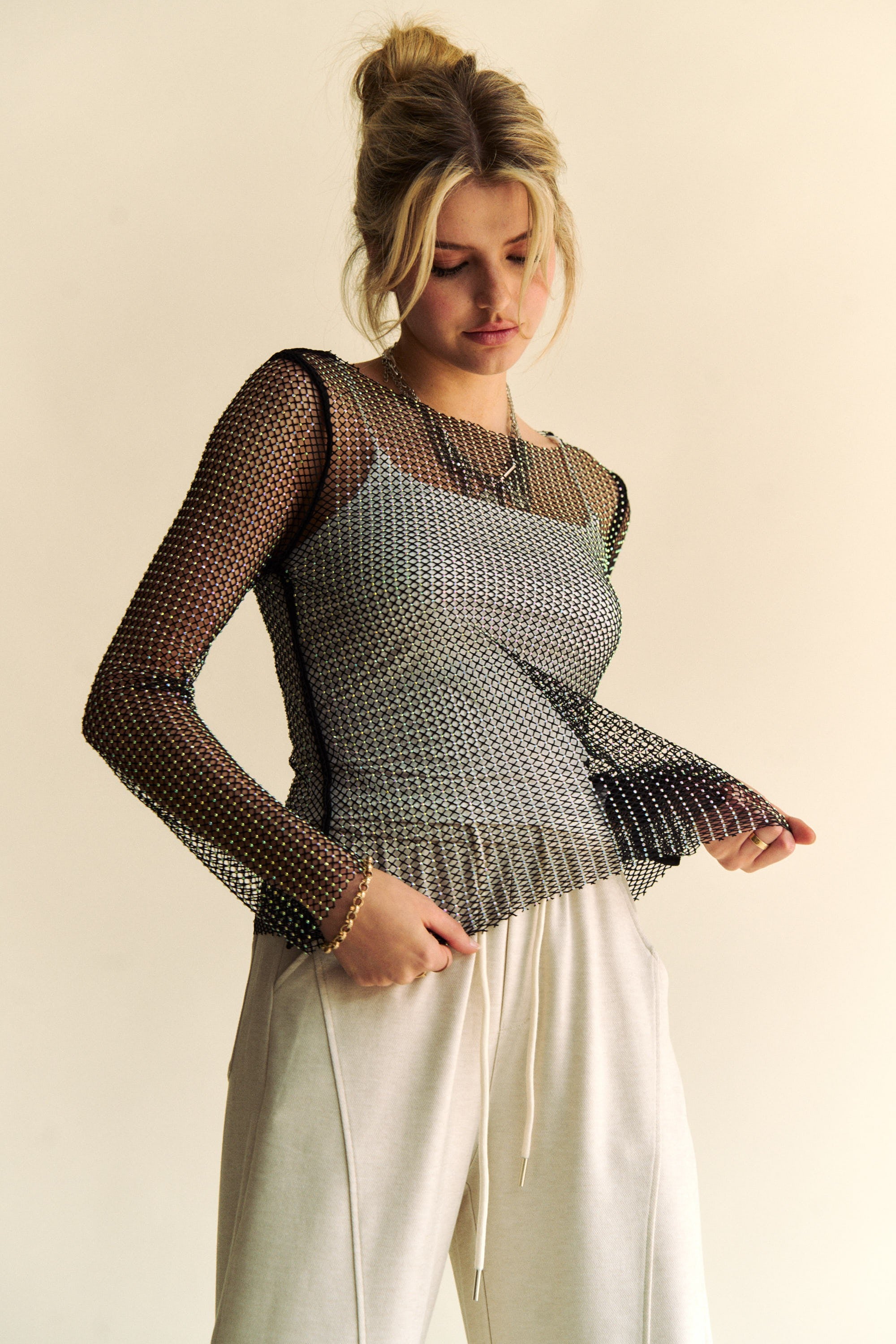 Davi & Dani Sparkling Rhinestone Sheer Mesh Round Neck Top - NeoKira Unlimited