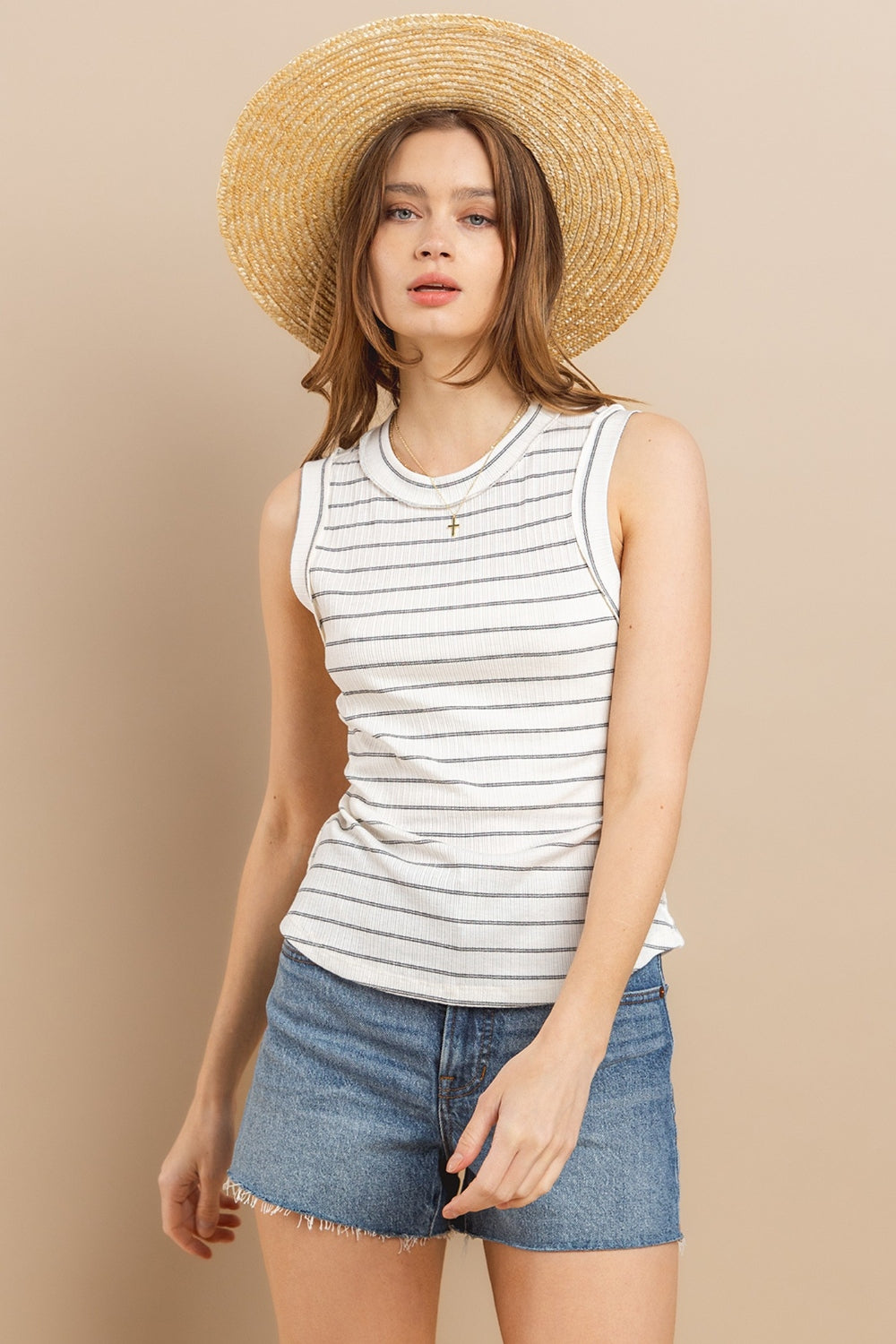 Ces Femme Striped Round Neck Tank Tank Top Trendsi   