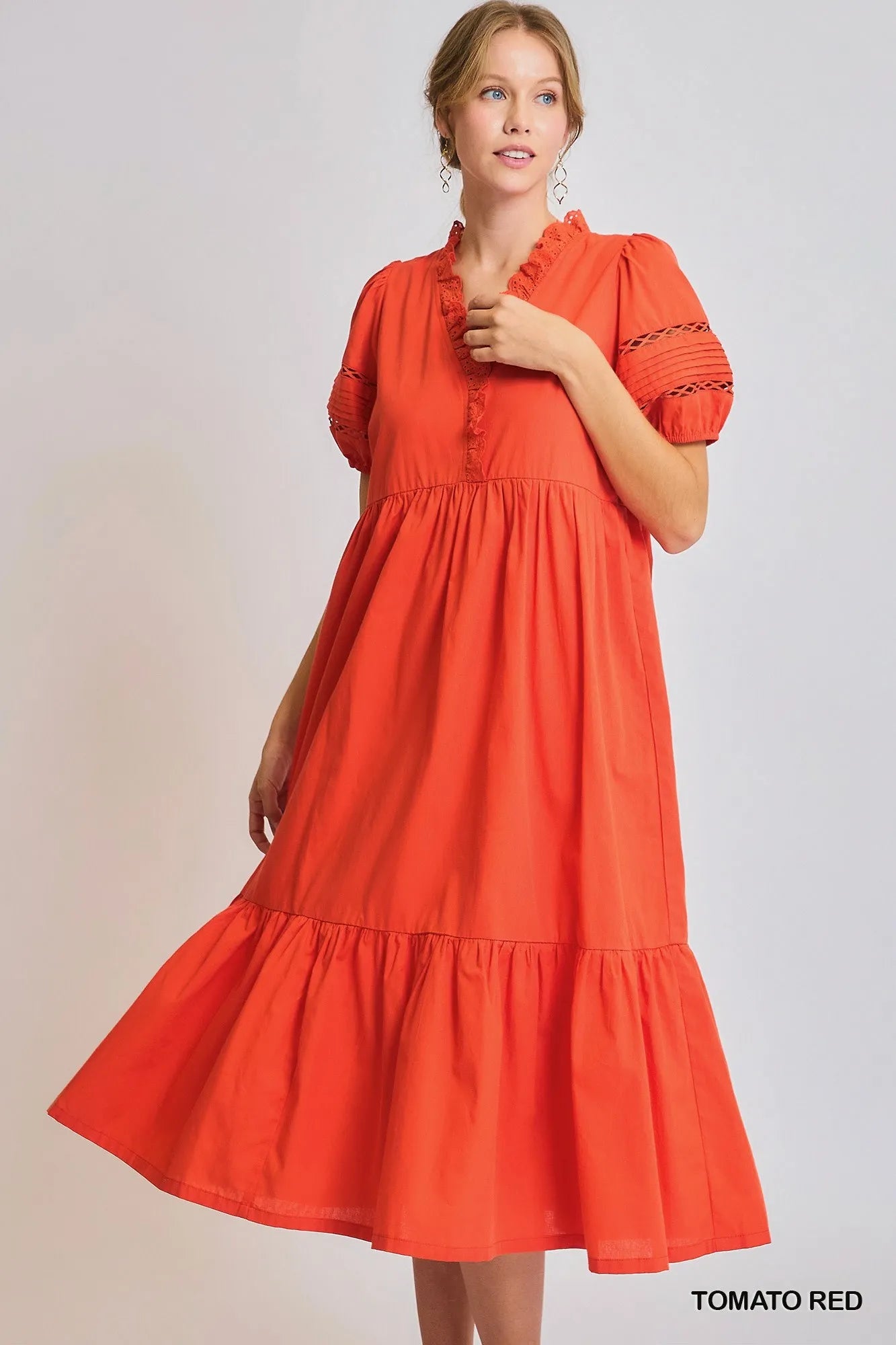 Umgee Short Sleeve Lace Trim Ruffled Midi Dress Tomato Red Style - NeoKira Unlimited