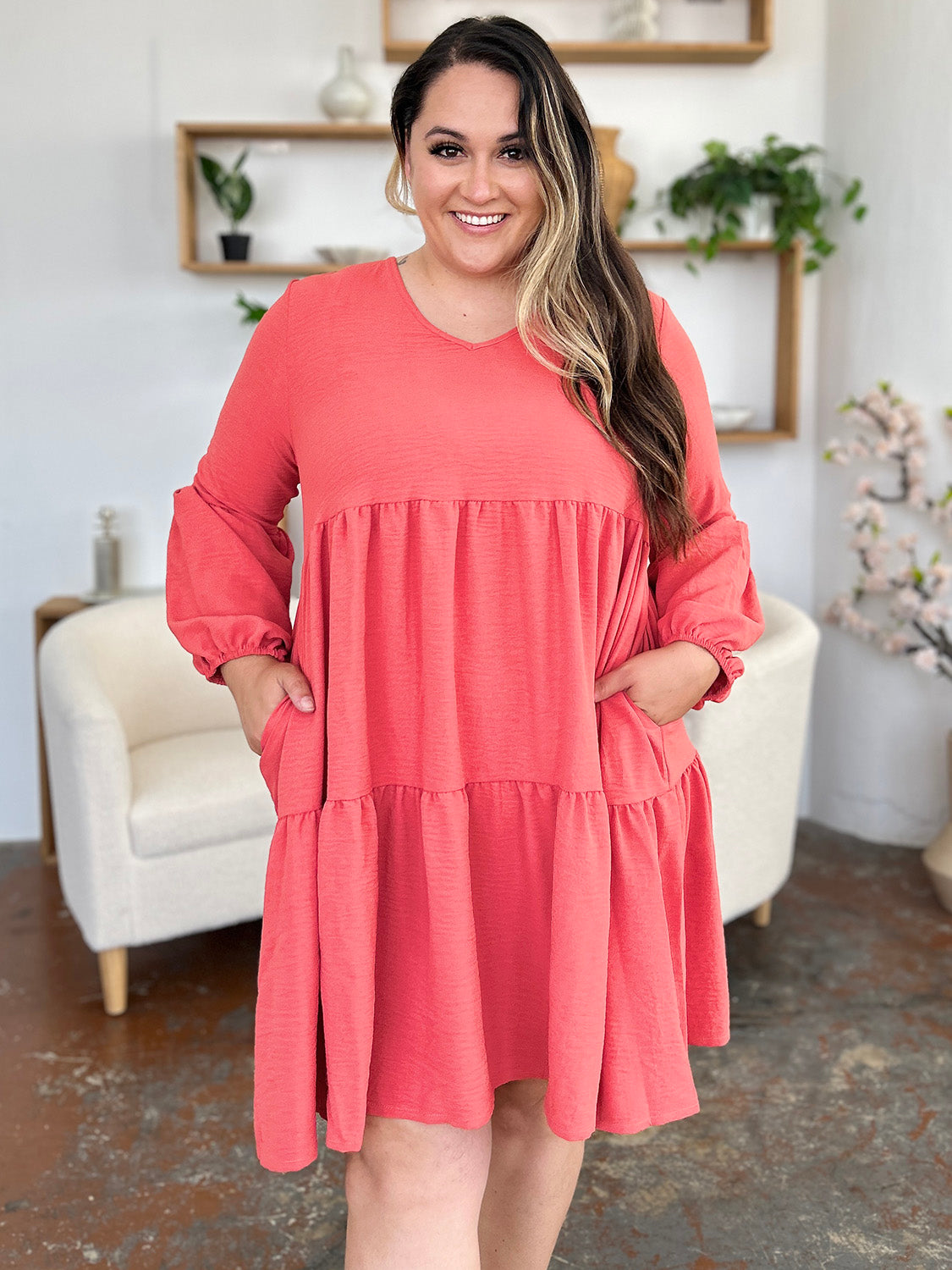 Double Take Full Size V-Neck Balloon Sleeve Tiered Dress - NeoKira Unlimited