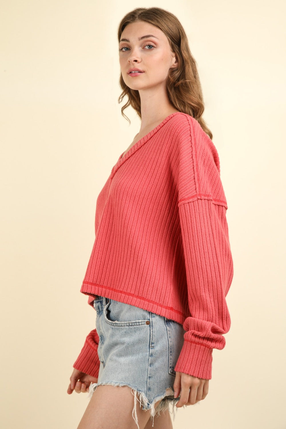 VERY J Exposed Seam V-Neck Ribbed Knit Top - NeoKira Unlimited
