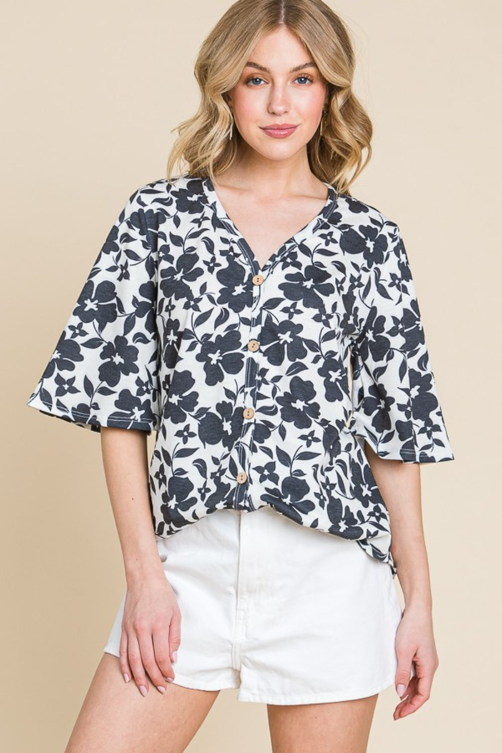 BOMBOM Floral Decorative Button V-Neck Top - NeoKira Unlimited