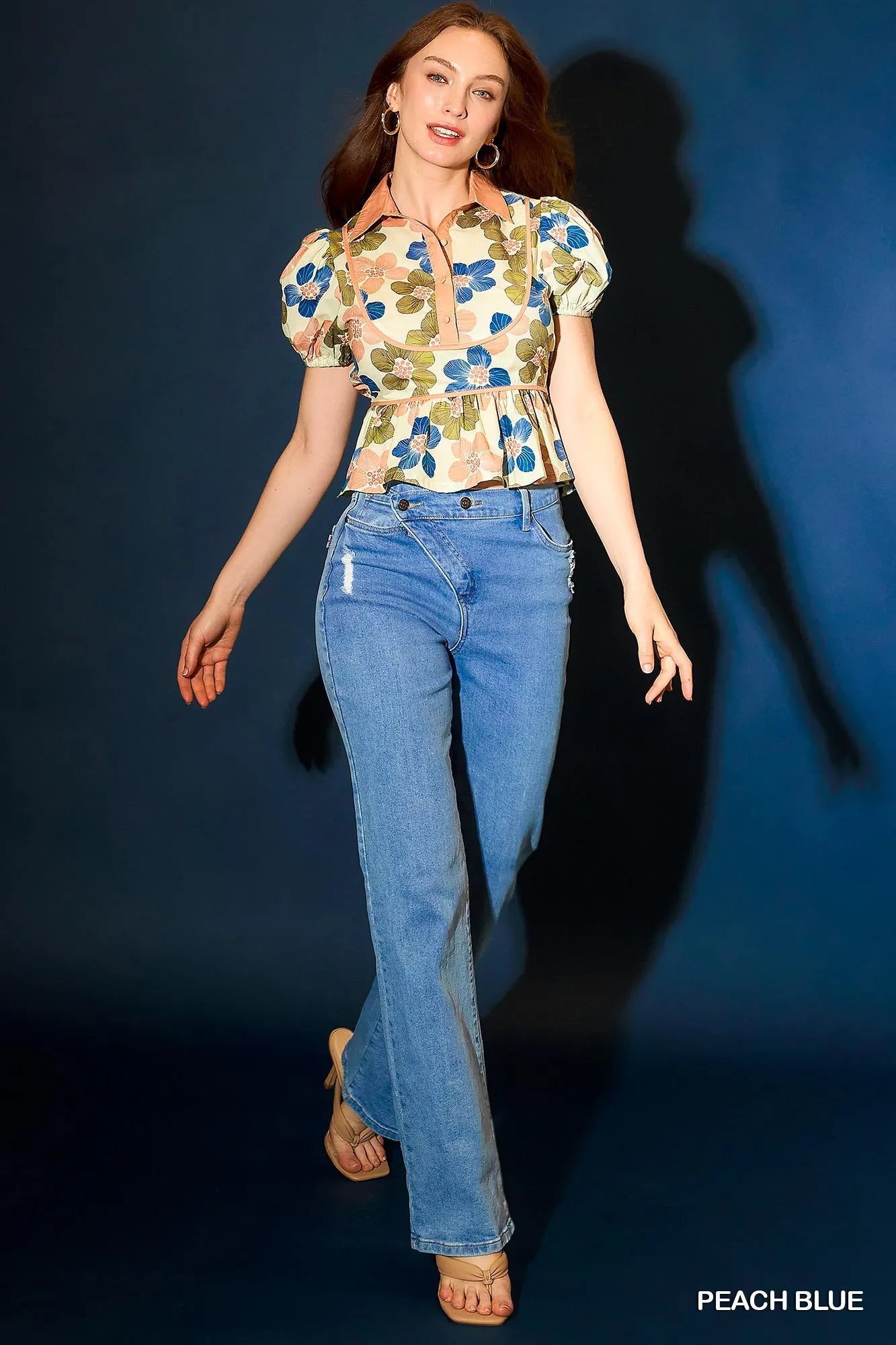 Umgee Vintage Floral Puff Sleeve Cropped Blouse With Peplum Waist - NeoKira Unlimited