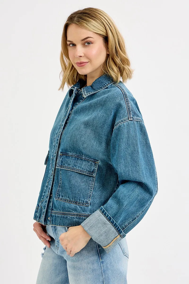 RISEN Vintage Inspired Oversized Denim Cargo Jacket With Pockets Cuffs - NeoKira Unlimited