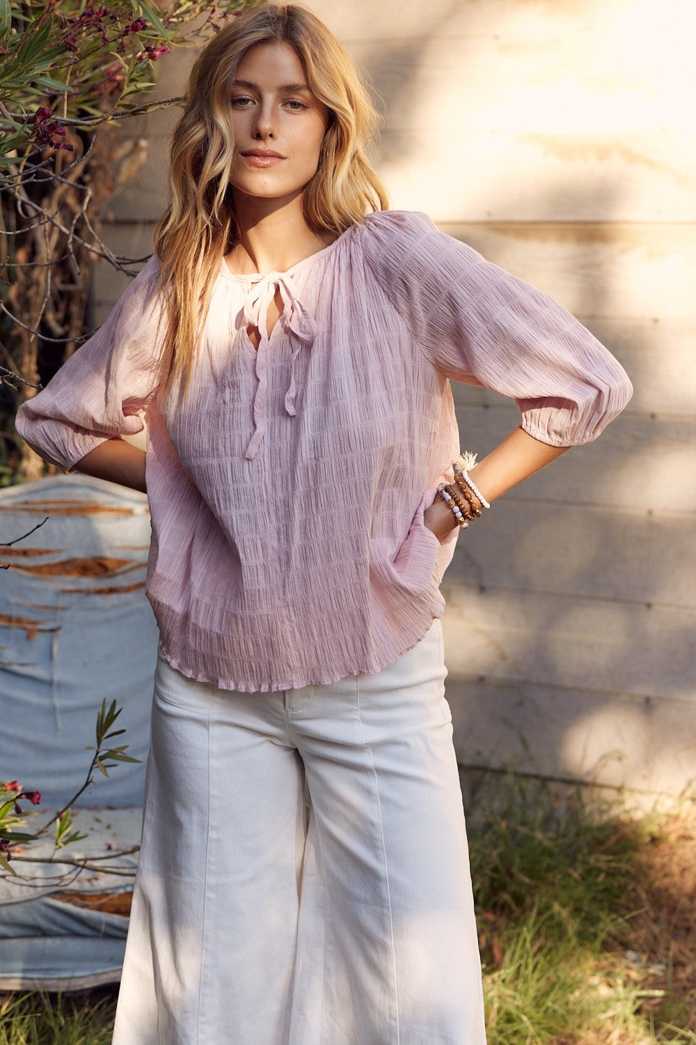 In February Textured Tie Neck Blouse Blouse Trendsi Dusty Pink S 