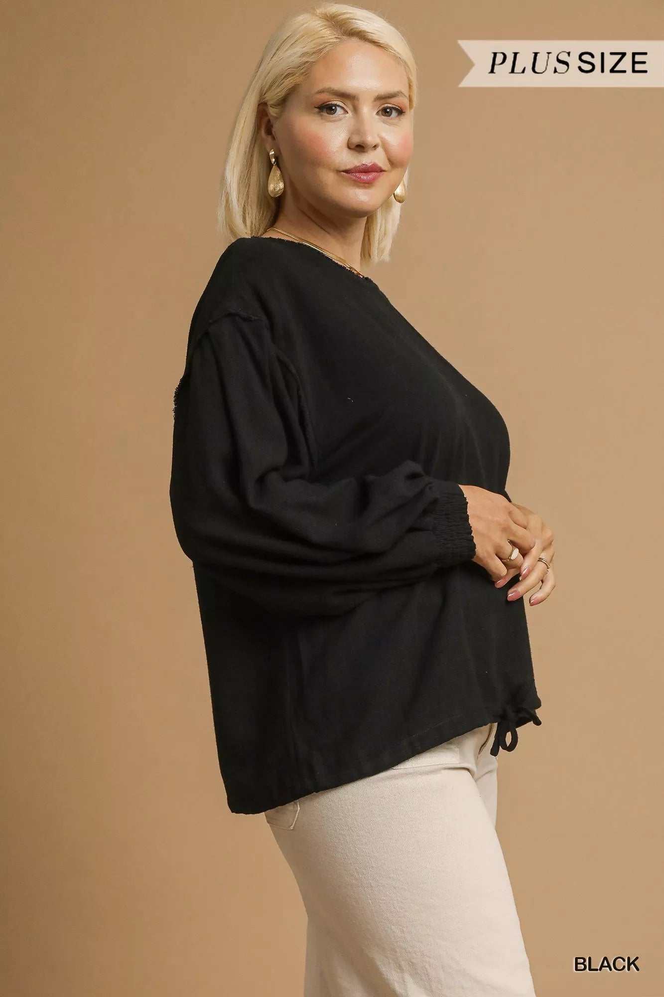 Umgee Linen Long Sleeve Drawstring Top Plus Size Blouse - NeoKira Unlimited
