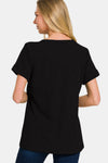 Zenana Notched Short Sleeve Waffle T-Shirt T-Shirt Trendsi   