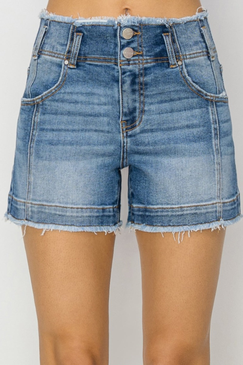 RISEN High Rise Seam Detailed Raw Edge Denim Shorts Denim Shorts Trendsi   