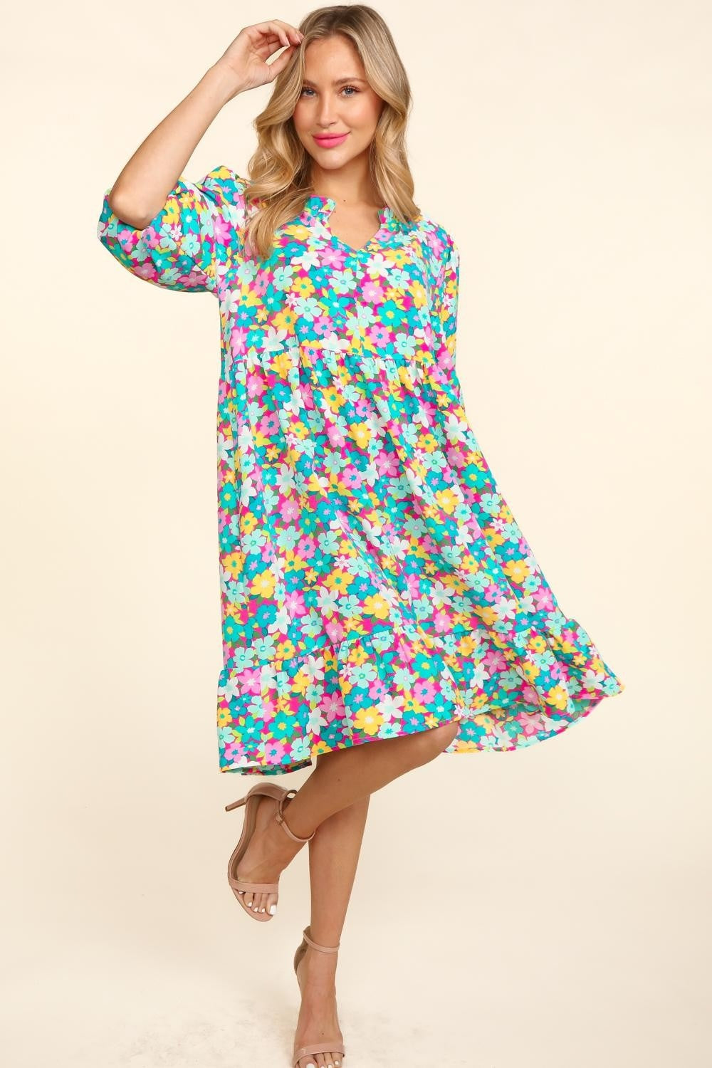 Haptics Bubble Sleeve Floral Ruffled Dress Mini Dress Trendsi   